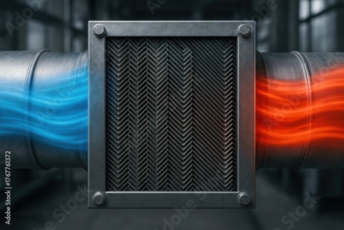 Industrial heat exchanger with blue and red airflow streams for cooling and heating applications