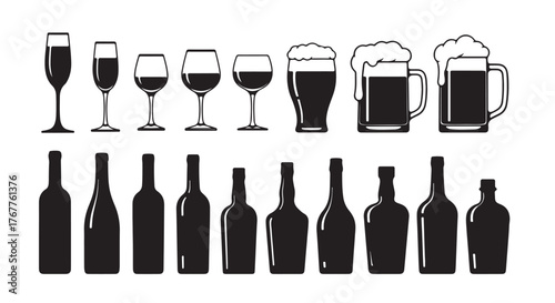 Collection of various alcoholic beverages in silhouette isolated on white background this image showcases a variety of drinks, from wine and beer to spirits and cocktails