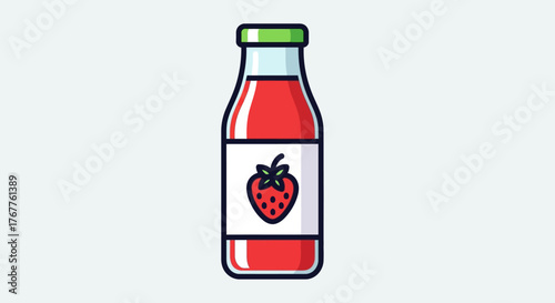 Vibrant Strawberry Juice Bottle Illustration with Green Cap.