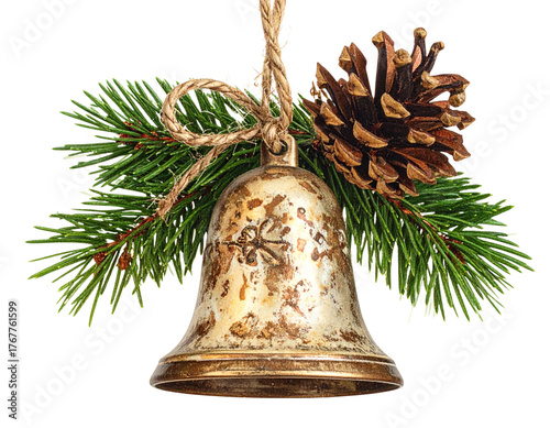 Rustic Holiday Bell Hanging Among Pine Leaves with Twine and Decorative Bow, Side Angle, Isolated PNG.And transparent the background.