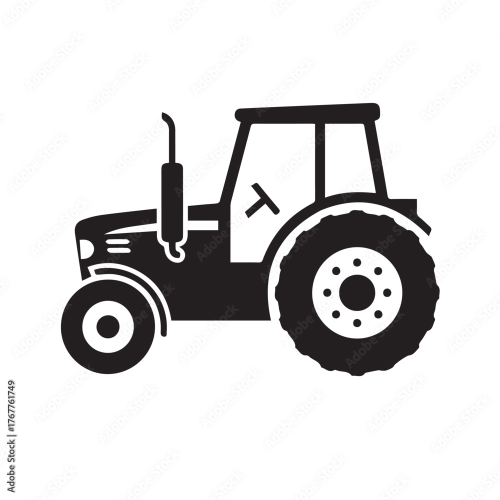 Obraz premium Illustration of a black tractor isolated on white background, a symbol of agriculture, farming, and rural life, showcasing the machinery used in cultivation and harvesting