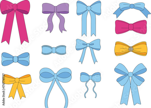 Colorful ribbon bows set, decorative clipart, gift wrap elements, crafting accessories, festive design, cartoon style
