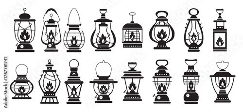 camping silhouette lantern set vector of camping equipment