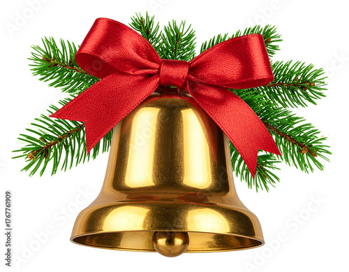  Golden Christmas Bell with Pine Sprigs and Red Ribbon, Front-Facing View, Isolated PNG.And transparent the background.