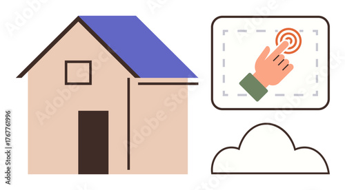 House with blue roof, interactive touchscreen with hand pressing button, and cloud icon. Ideal for technology, innovation, home automation, IoT, connectivity, virtual control simple flat metaphor