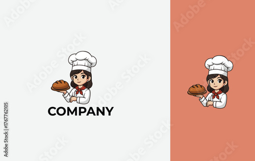 Young Woman baker holding of bread. Bakery, bakeshop logo or label. Isolated Vector design template.