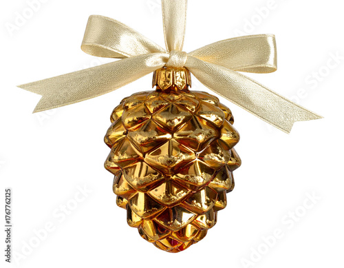  Vintage Gold Pinecone Decor with Glitter Finish and Twine Loop, Side Angle Perspective, Isolated PNG.And transparent the background.