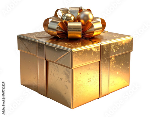 Luxury Wrapped Gift Box with Gold Ribbons and Ornaments, Front View, Isolated PNG And transparent the background.