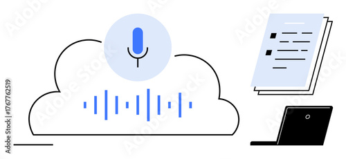 Microphone with sound waves inside a cloud, digital document, and laptop. Ideal for technology, transcription, AI, cloud computing, remote work efficiency education. Simple flat metaphor