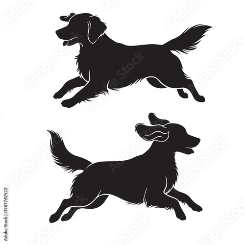 Two playful dog illustrations isolated on white background, capturing the energy and joy of canine companions in motion, perfect for adding a touch of fun