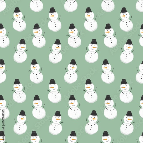 christmas background with snowman, seamless green winter pattern, print for fabric, calendar, postcard, wrapping paper 