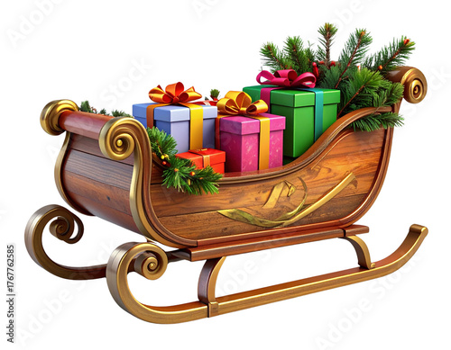 3D Rendered Holiday Sleigh with Colorful Gift Boxes and Pine Accents, Side Angle, Isolated PNG.And transparent the background.