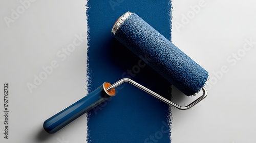 Fototapeta Naklejka Na Ścianę i Meble -  Paint roller with textured blue cover resting on fresh blue paint stripe against a smooth white background, showcasing tools for home improvement and creative painting projects