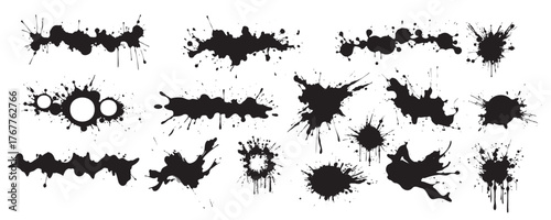 Collection of Black Ink Splashes and Splatters Isolated on White Background. Concept of artistic design elements, grunge texture, creative illustrations, abstract shapes