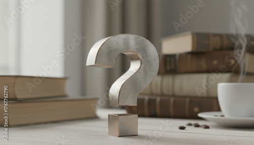 3D illustration of a metallic question mark symbol on a wooden table surrounded by books and a coffee cup, representing curiosity and inquiry in a cozy environment