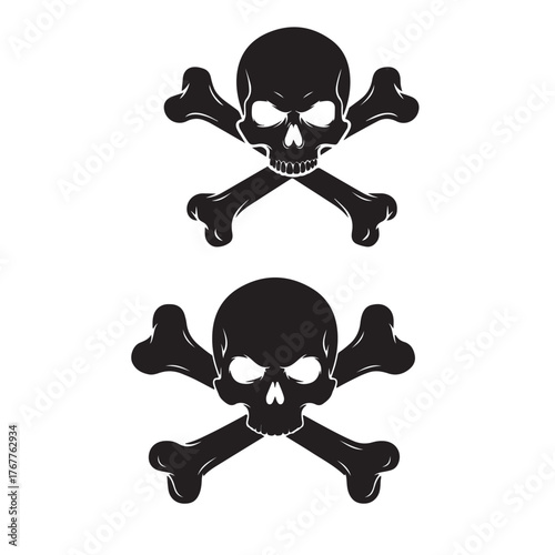 Two black skull and crossbones vector illustrations isolated on white background the skull and crossbones are a symbol of death, danger, and piracy, often used in warning signs