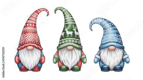 Set of Christmas gnomes in knitted hats cute watercolor illustration for holiday cards isolated on white background