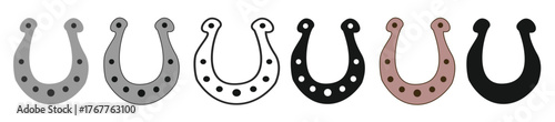 Set of Horseshoes in Various Styles, Black Silhouette, Outline, Colored Versions on white background. Concept of Good Luck, Equestrian Symbols, Western Icons. Collection of Design Elements Horse Theme