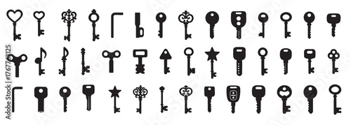 Set of various black silhouette keys isolated on white background. concept of antique, modern keys, security, locksmith tools, icon, design element, home decor