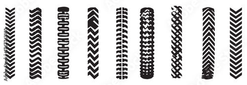 Set of various black tire tracks isolated on a white background. Concept of vehicle patterns, car tread designs, off-road marks, distinct tire imprints. Texture, pattern, automotive design elements