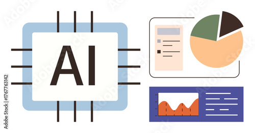 AI processor chip with pie chart, bar graph, and report layout. Ideal for technology, machine learning, business strategy, innovation, analytics data science digital tools. Simple flat metaphor