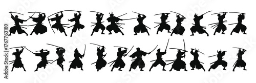 silhouettes of samurai warriors practicing various.