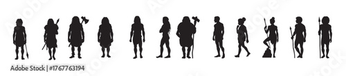 silhouettes of prehistoric humans with tools and weapons.