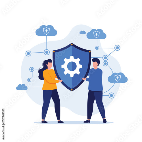 Two individuals collaborate to protect cloud-based systems and data with a strong security shield, representing robust digital security and teamwork.
