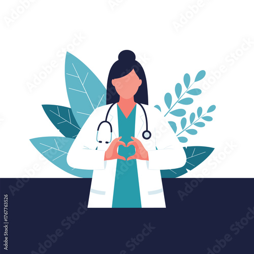 A compassionate female doctor wearing a lab coat and stethoscope, forming a heart shape with her hands to represent care.