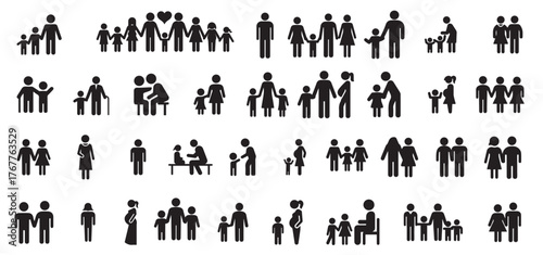 black and white family relationship icon set diverse family