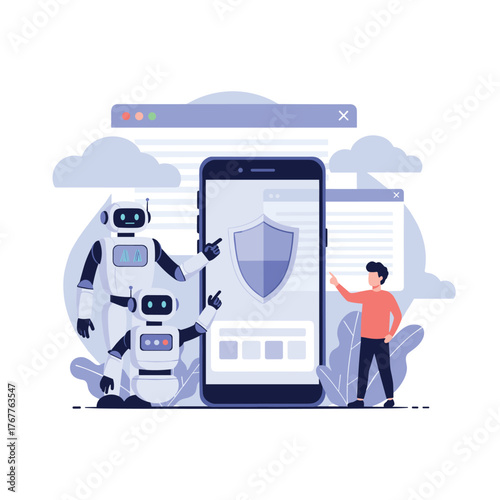 Artificial intelligence robots and a human collaborate to secure mobile applications and digital data on various online platforms.