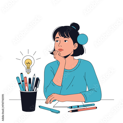 Thoughtful young woman contemplating new ideas for a creative project, surrounded by colorful art supplies on her desk.