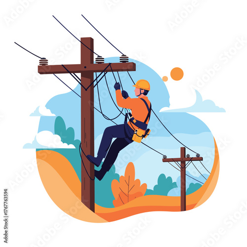 A skilled lineman, equipped with safety gear, performs maintenance on electrical wires attached to a utility pole.