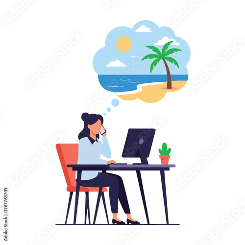 Busy professional woman on a phone call at her workstation, fantasizing about a relaxing seaside holiday getaway.