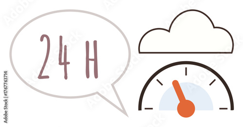 Speech bubble with 24h text, speedometer gauge pointing to maximum, and cloud element. Ideal for time management, availability, cloud services, efficiency, performance tracking, online accessibility
