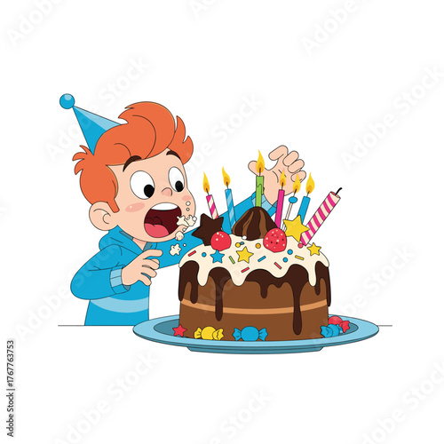 A cheerful cartoon boy in a party hat is caught in the act of gleefully eating a decorated birthday cake with his hands, making a sweet mess.