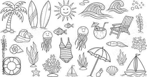 Collection of hand drawn black and white summer beach vacation icons and symbols for design