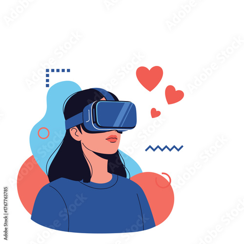 A young woman wearing a virtual reality headset is immersed in a digital world, surrounded by floating hearts and abstract elements.