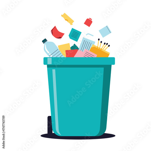 A teal trash can is overflowing with a variety of colorful waste, including paper, plastic bottles, and other everyday garbage.