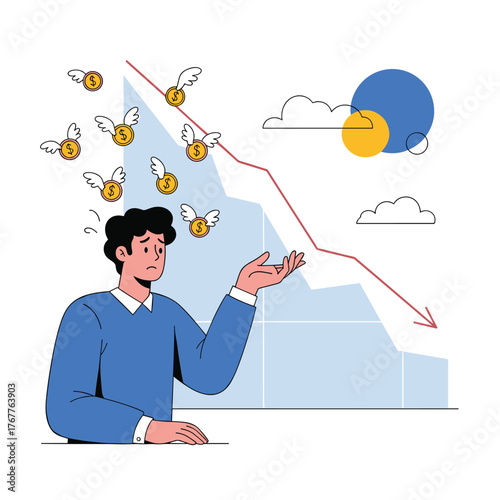 A man looks worried as his money flies away while a financial graph illustrates a sharp and continuous decline in assets or wealth.