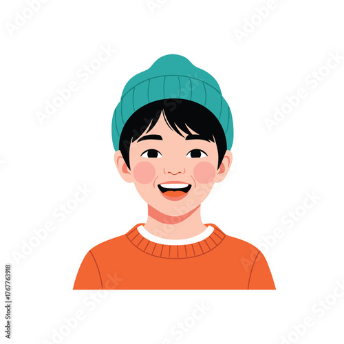 A happy young boy wearing a teal beanie and an orange sweater smiles cheerfully against a white background.