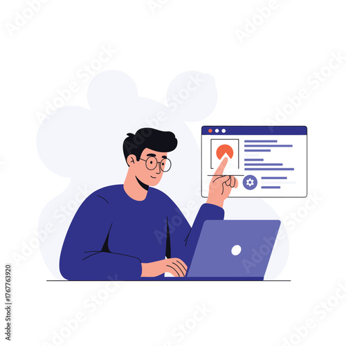 A focused man wearing glasses is interacting with a web interface on his laptop, demonstrating tasks related to software development or data analysis.