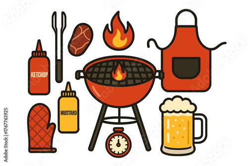 Set of barbecue and grilling essentials including charcoal grill, steak, sauces, and cooking tools