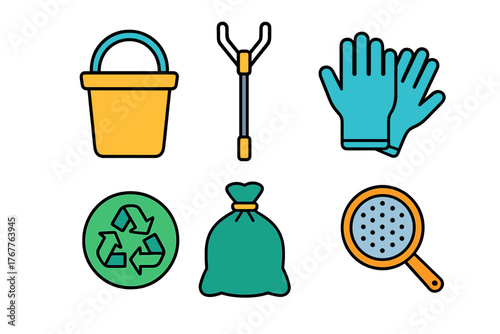 Essential tools and equipment set for environmental cleanup, waste management, and recycling