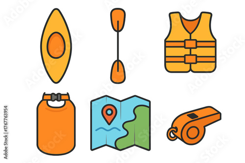 Essential equipment for water sports adventure featuring kayak paddle life jacket and map