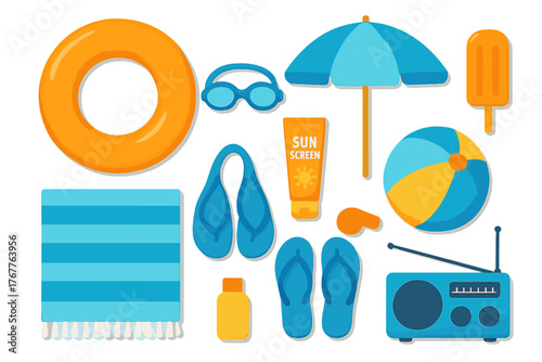 Essential summer beach accessories collection including inflatable ring umbrella sunscreen and radio