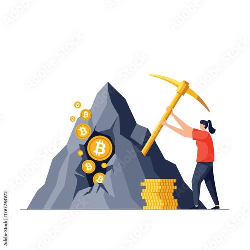 A woman mines a mountain for bitcoins with a pickaxe, illustrating the hard work and financial rewards of cryptocurrency investment.