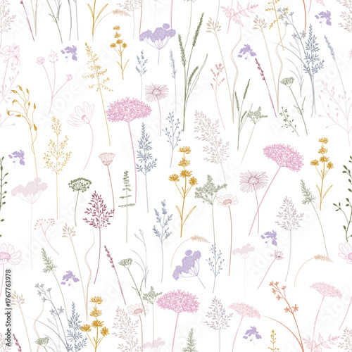 Beautiful vector vintage style pattern with hand drawn wild meadow, field flo...