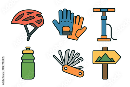 Essential cycling gear and outdoor adventure accessories set including helmet gloves pump and multi-tool
