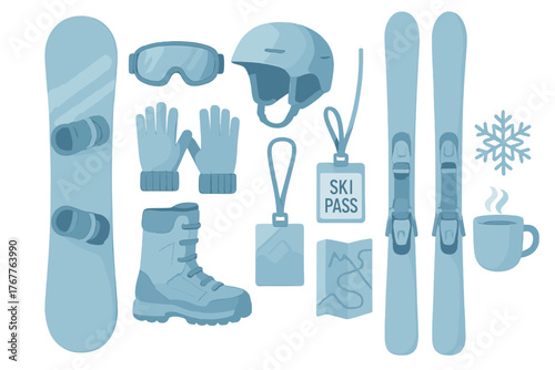 Winter sports equipment set including snowboard, alpine skis, protective helmet, and resort accessories